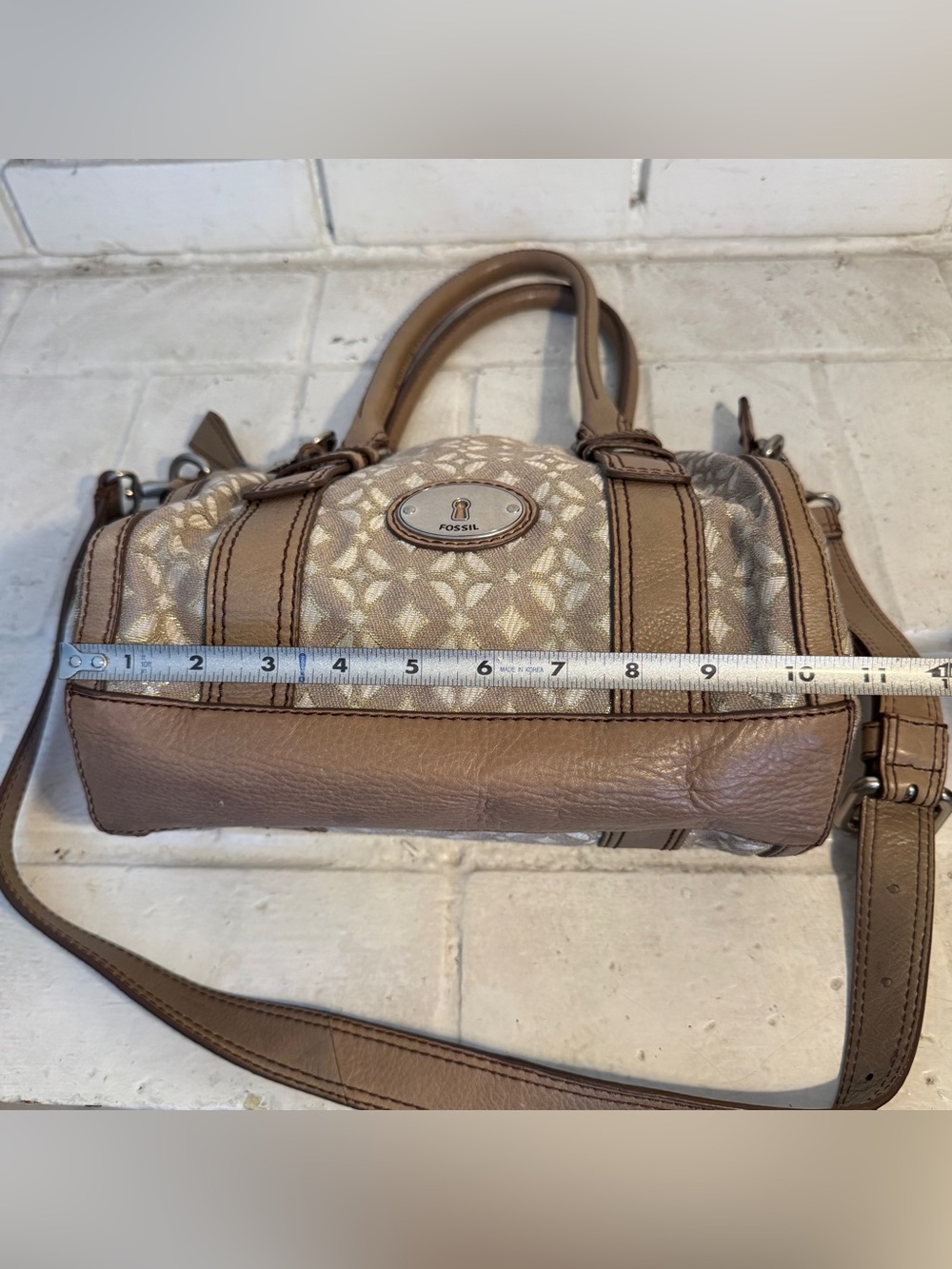 Fossil Vintage Jacquard Canvas Satchel Crossbody Bag w Leather Trim & Key Charm - Picture 11 of 14